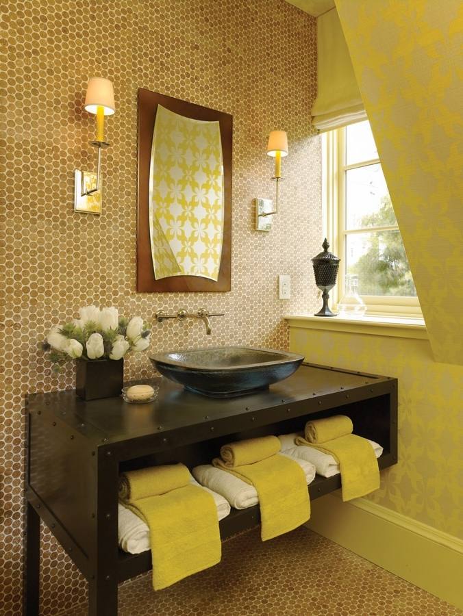 The brown wood flooring design captures this pure white bathroom scheme