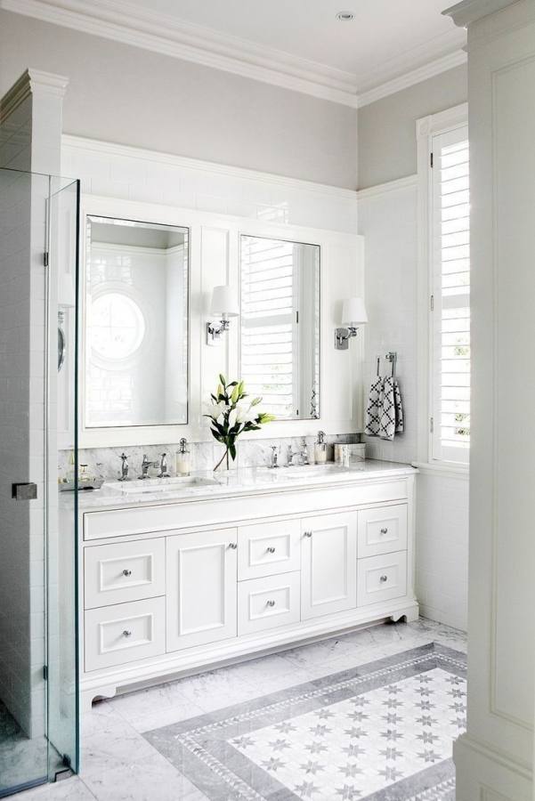 Gray tile floor with white vanity