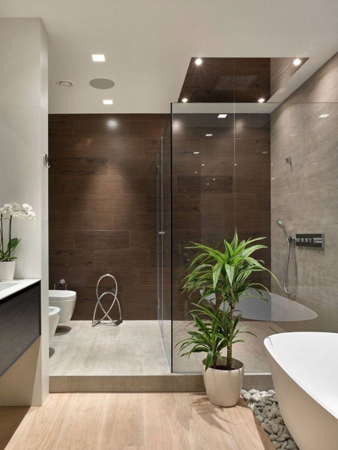 Dark wood cabinet and modern tile floor