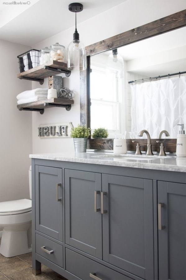 Gray bathroom vanity, tile ideas, walls, cabinets, and accessories