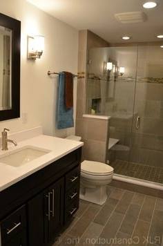 Fabulous Brown Tile Flooring Ideas For Small Bathrooms With Chic Floating Shelves