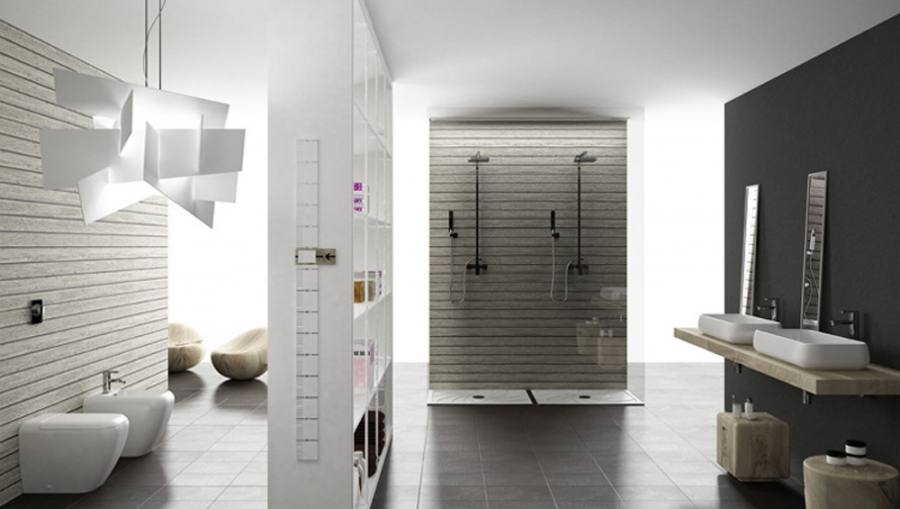 large glass shower room and white bathtub connected by beige wall theme