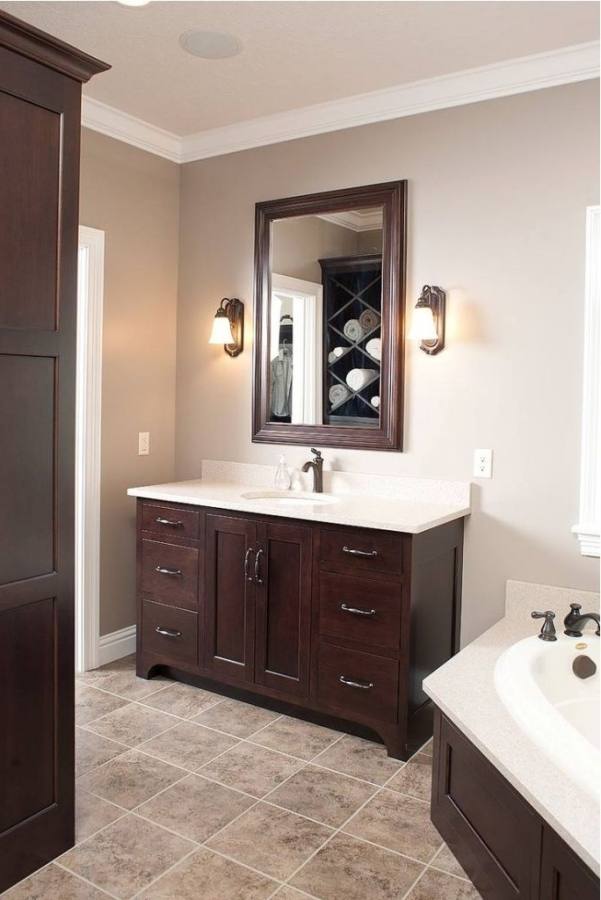 Inspiring Modern Bathroom Furniture Designs With Floating Single Sink Brown Painted Refinished To Gray Bathroom Vanity Wall Painted With Mirrored Cabinet
