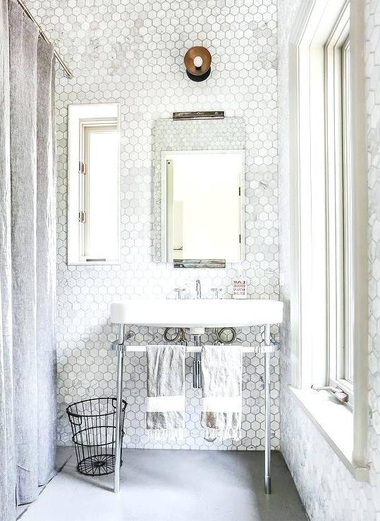 Bathroom Idea With Concrete Tile Flooring And Crystal Chandelier Image
