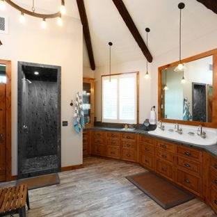 Simple Guest Bathroom With Khaki Painted Wall And Black Wooden