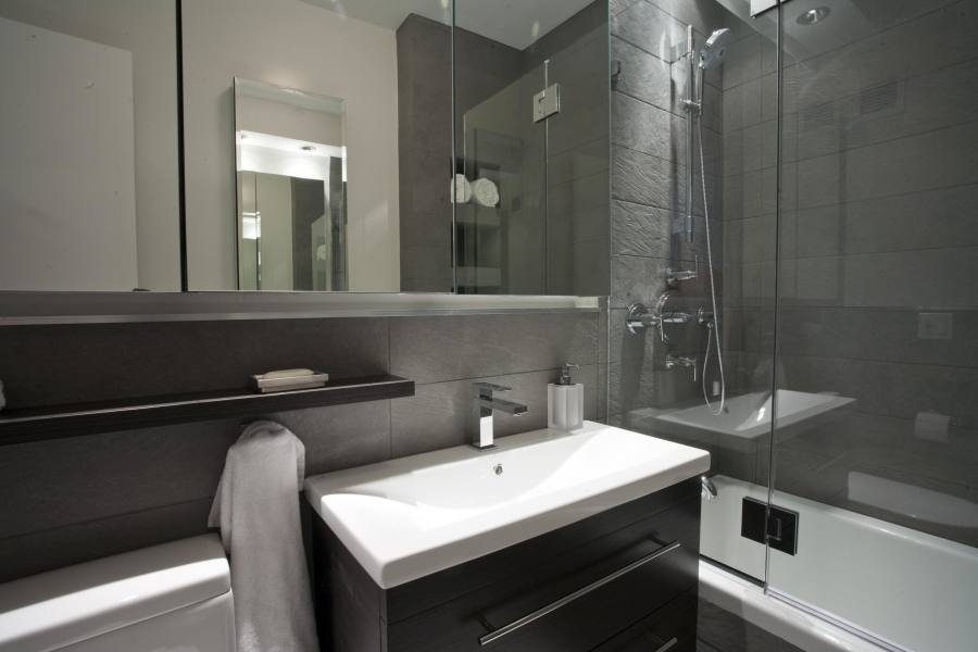 gray bathroom vanity with sink