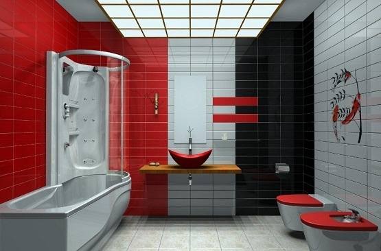 Ornate Japanese bathroom in black and red [Design: Chotinan55]