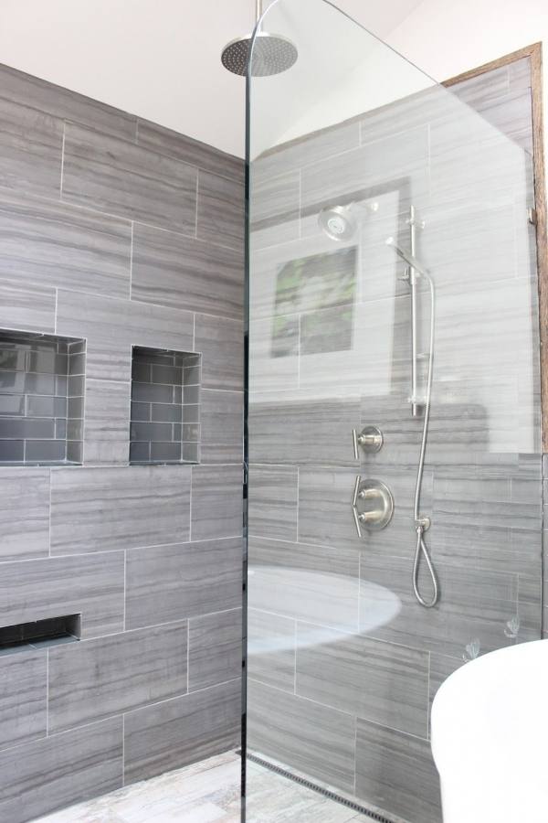 beautiful gray tile bathroom