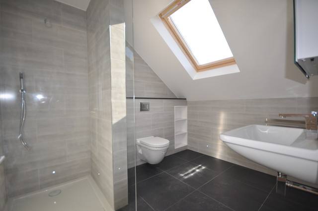 Spacious Bright Grey Loft Bathroom Decoration With Glass Shower Panel