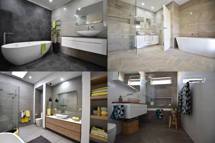 A traditional bathroom with a tiled floor and some wooden accents