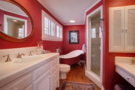 grey and red bathroom