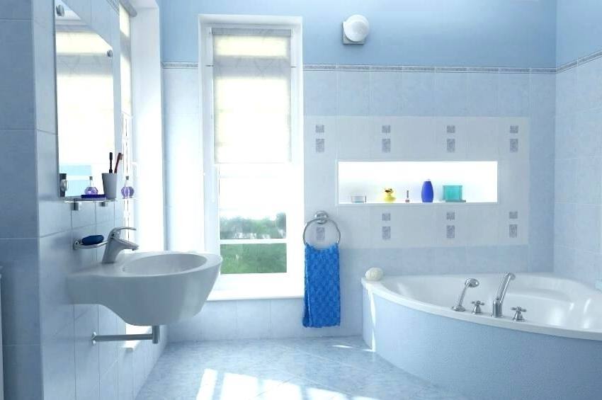 beige stone wall and blue wall theme connected by small white latrine