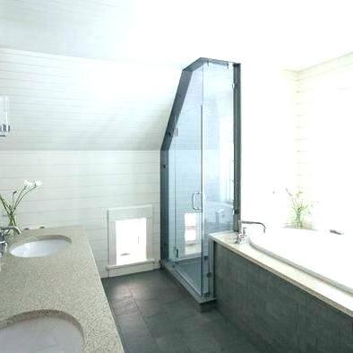 Slanted ceiling, Taupe Subway Tile, Halfwall, Glass Door amandarappdesign