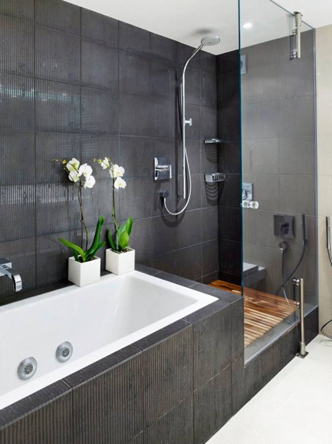 L Shaped Bathroom Tropical With Dark Wood Cabinetry Architects