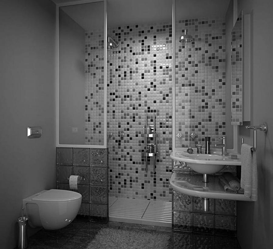 This grey and white master bathroom uses a darker floor