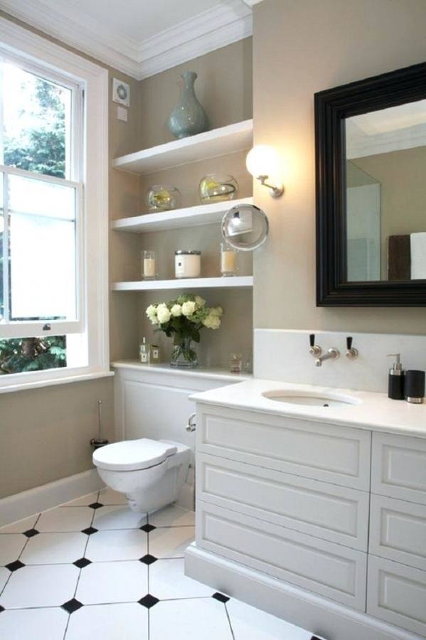 Interesing Small Bathroom With White Beadboard Wainscoting And Square Padestal Sink Along With Wide Vertical Rectangular Mirror