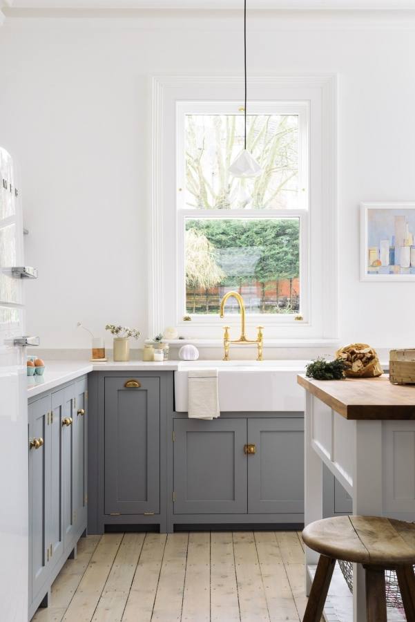 Grey and white open shelf kitchen