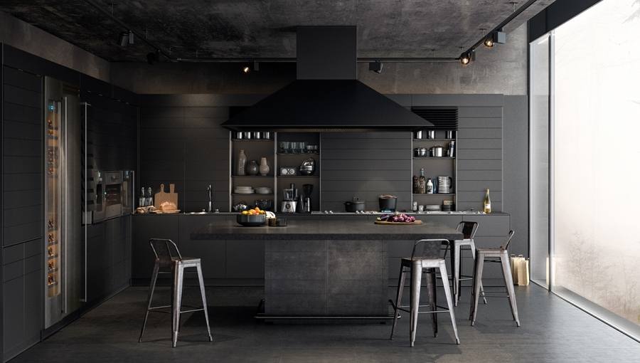 modern kitchen, black and white kitchen, kitchen design, black appliances, shelves, kitchen shelves, black range hood, brass knobs kitchen, ikea kitchen,