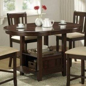 round glass top table with single brown wooden leg combined with brown wooden