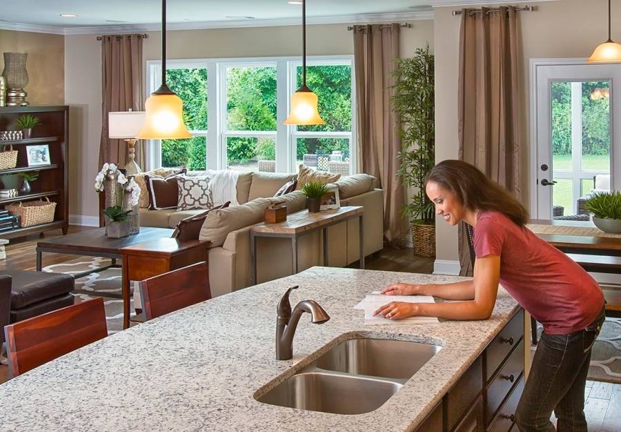 The curved breakfast bar encourages you to linger with a cup of coffee