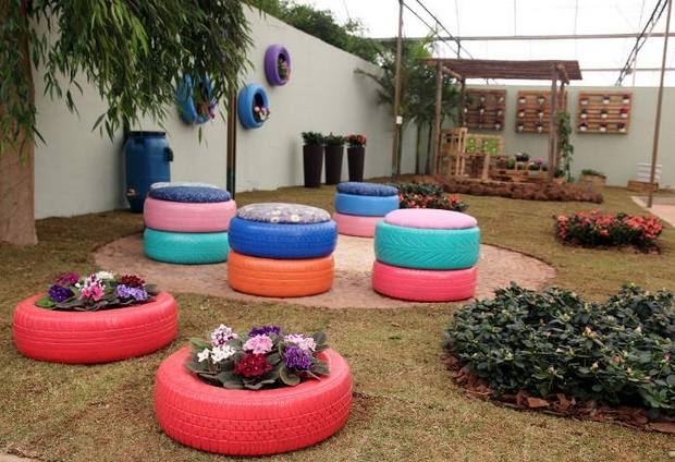 Brightly painted tire planters edge a fine crushed stone pathway at Kiddie Kollege, Statesville, NC