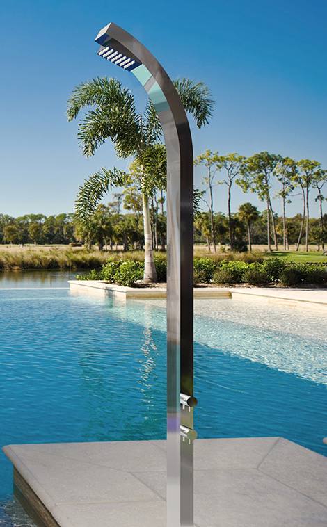 The Aqua Adagio and Aqua Allegro outdoor stainless steel showers by Jaclo make a fashionable and functional statement in your outdoor oasis