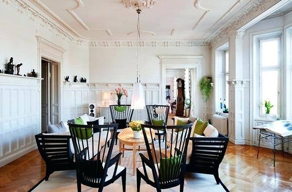 Dining Room with custom millwork archway, chair rail and panel moulding  shadowboxes