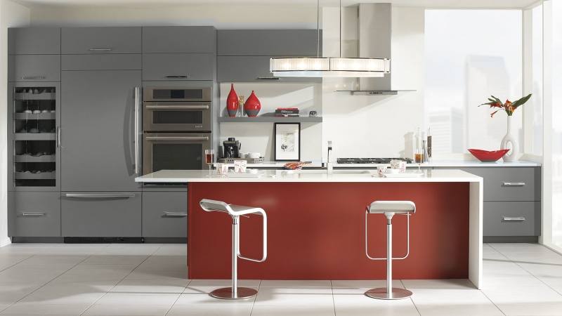 Gray Cabinets with a Red Kitchen Island