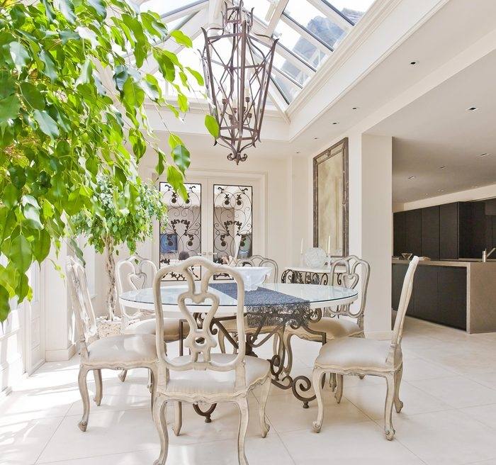Open Plan Kitchen Dining Room Conservatory White Cabinets And Cupboards White Luxury Bar Island Cream Tile Floor And Backsplash White Cabinet White Narrow