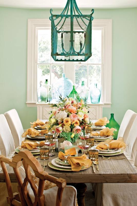 The sleek table here fits nicely with the mix of modern chairs