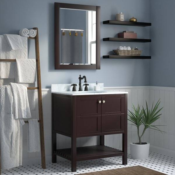 Gray bathroom cabinets by Kemper Cabinetry