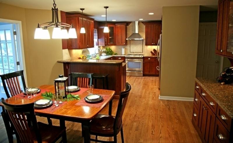 The kitchen seamlessly flows into the  dining area