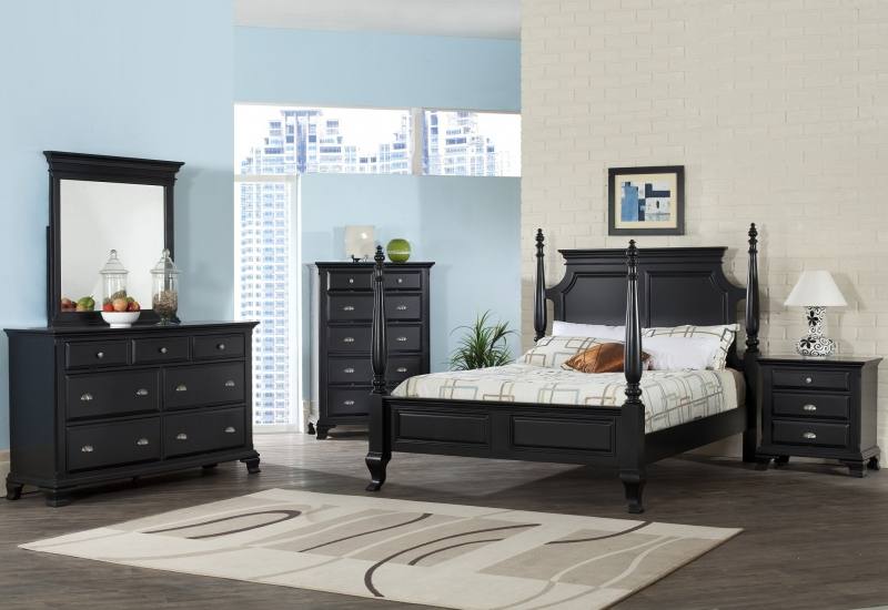 bedroom set includes a queen size bed with reading light, tall chest and dresser, both with mirrors