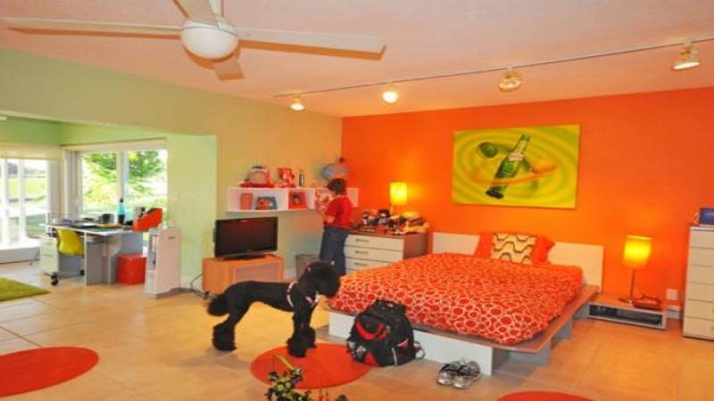 Bright orange dining room also appears in the pictures below